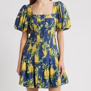 NEW FARM Rio Pineapple Print Linen Minidress in Navy